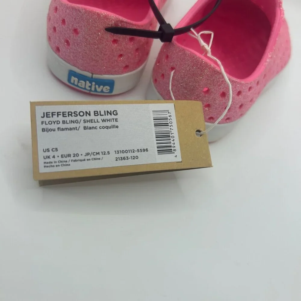 NWT Native Shoes Jefferson Bling Girl's Water Shoes pink sparkle white shell c5
